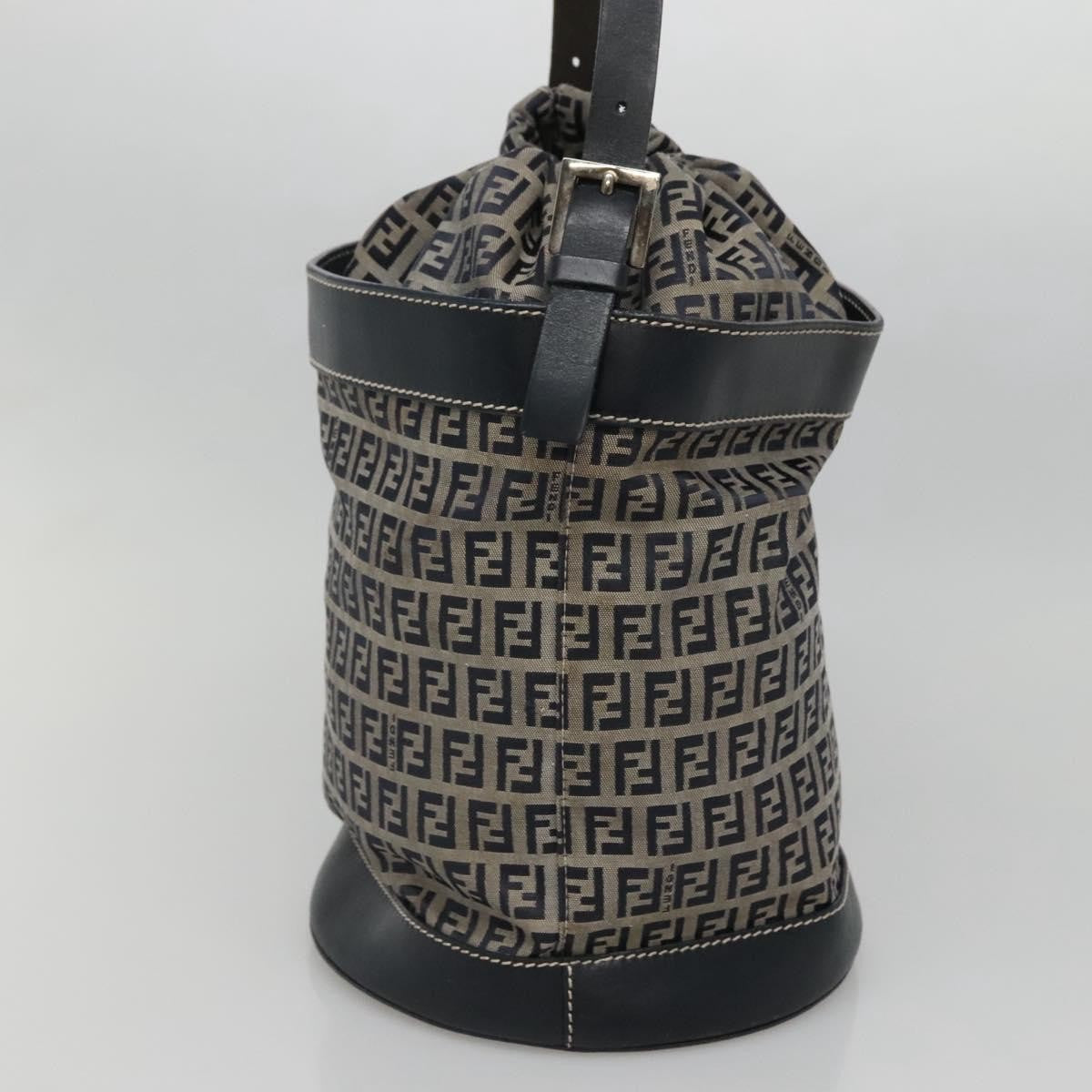 Fendi Ff Logo Mon Tresor Bucket Printed Shearling With Leather Navy Canvas Shoulder Bag Bag (Pre-Owned)
