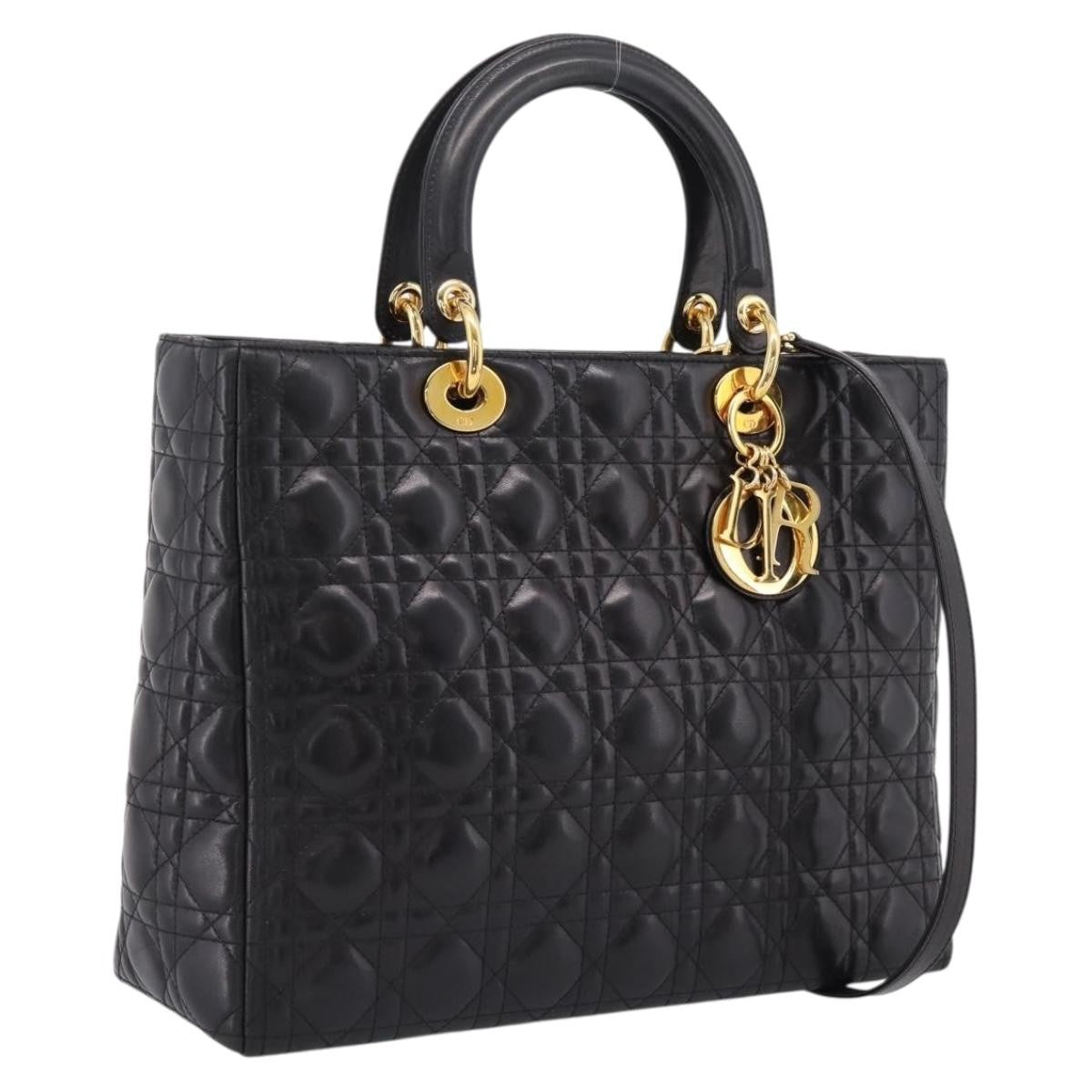 Christian Dior Vintage Lady Dior Cannage Quilt Lambskin Black Leather Handbag (Pre-Owned)