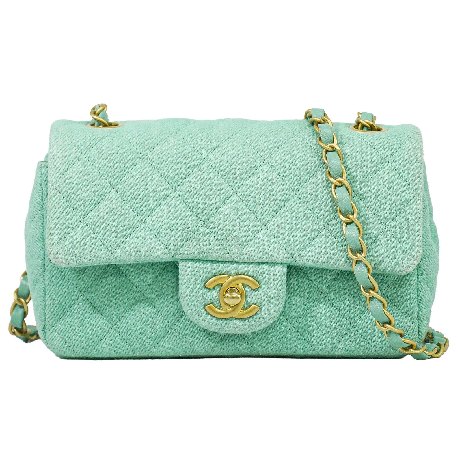 Chanel Classic Single Flap Top Handle Quilted Tweed Green Denim_Jeans Shoulder Bag Bag (Pre-Owned)