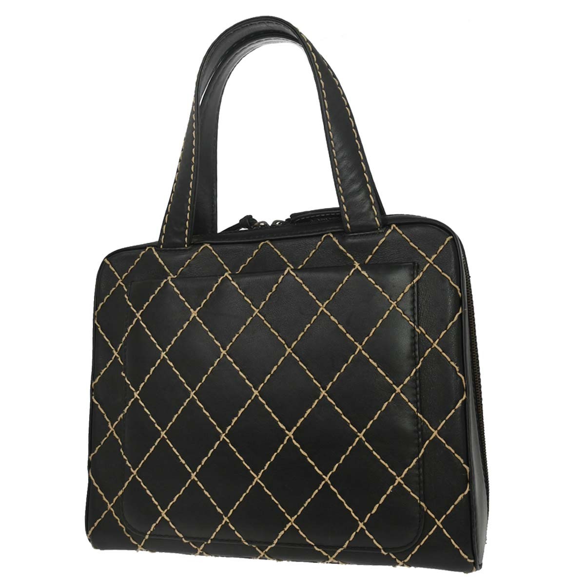Chanel Surpique Zip Around Satchel Quilted Leather Black Leather Handbag (Pre-Owned)