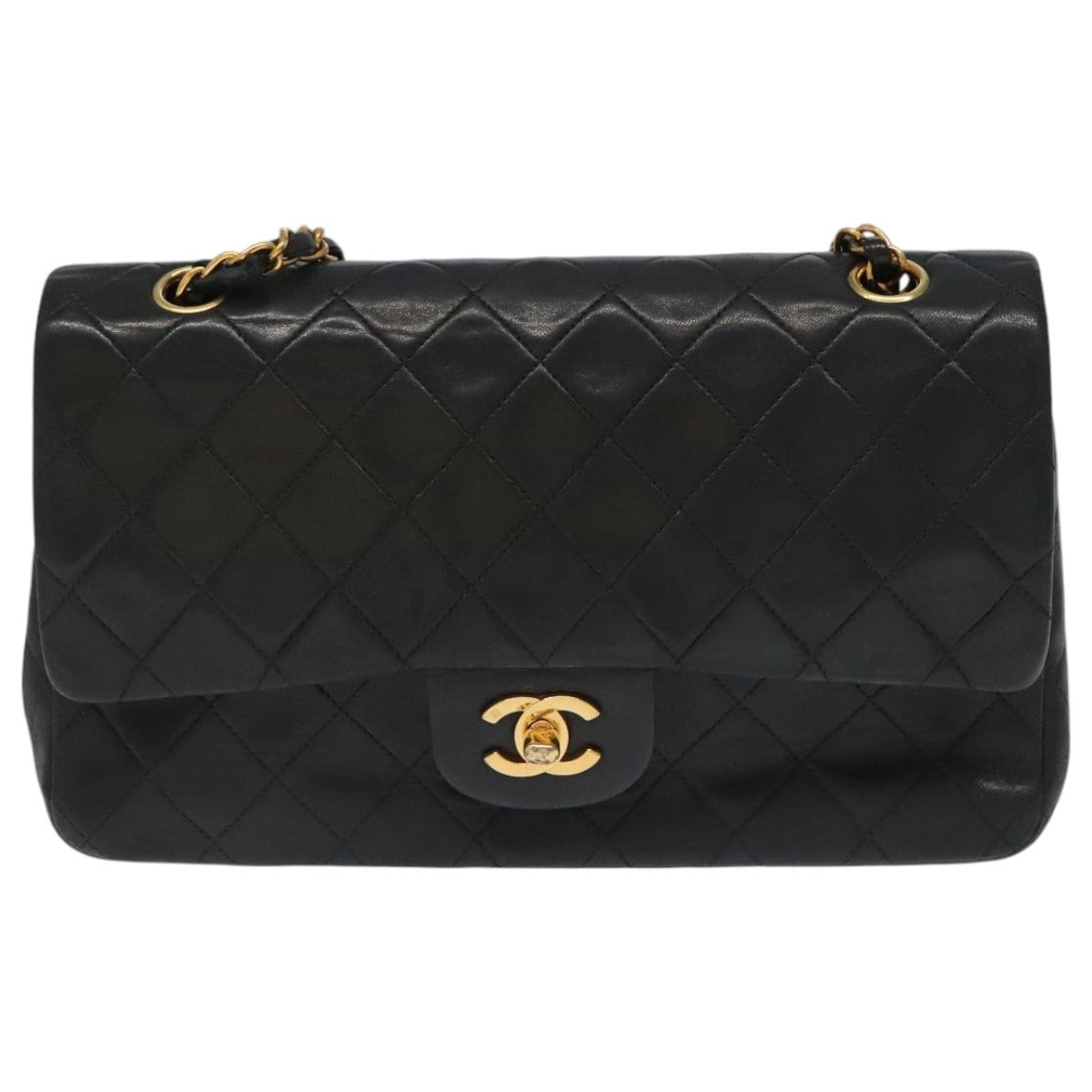 Chanel Vintage Classic Double Flap Quilted Lambskin Black Leather Shoulder Bag Bag (Pre-Owned)