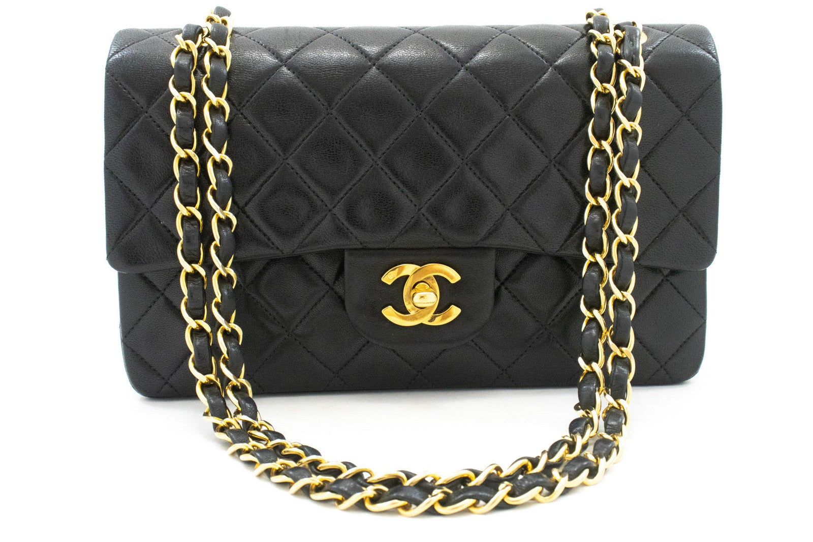 Chanel Vintage Classic Double Flap Quilted Lambskin Black Leather Shoulder Bag Bag (Pre-Owned)