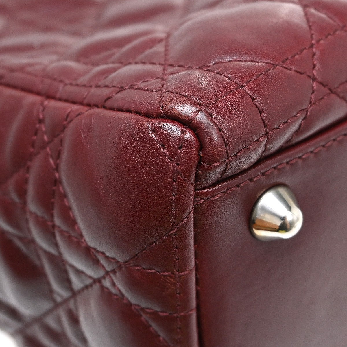 Christian Dior Lady Dior Cannage Quilt Lambskin With Crystal Detail Burgundy Leather Handbag (Pre-Owned)
