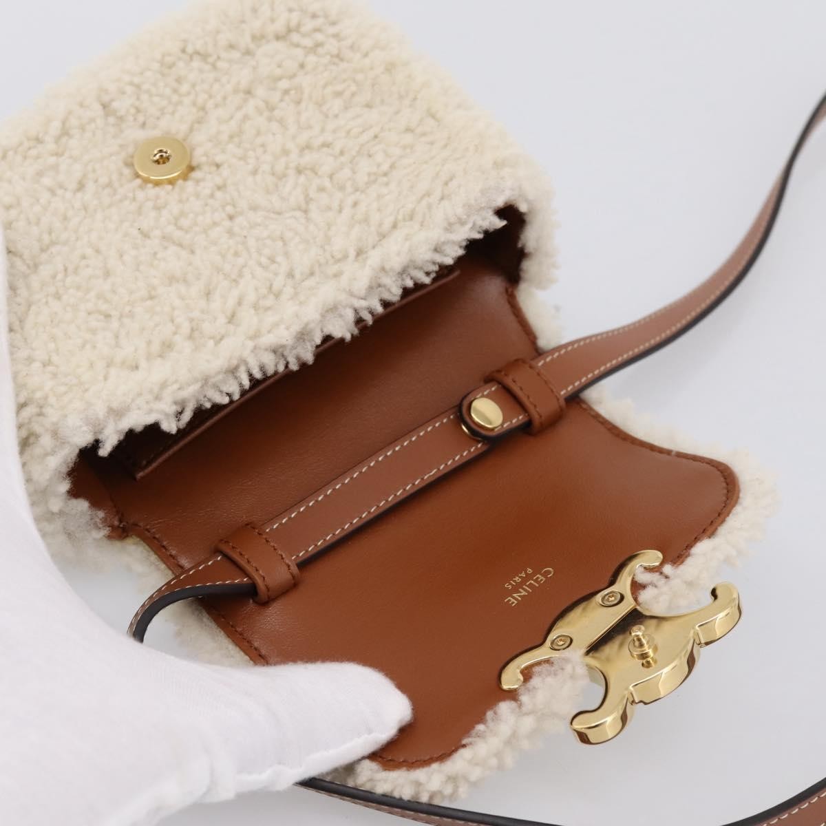 Celine Triomphe Shoulder Shearling Beige Wool Handbag (Pre-Owned)