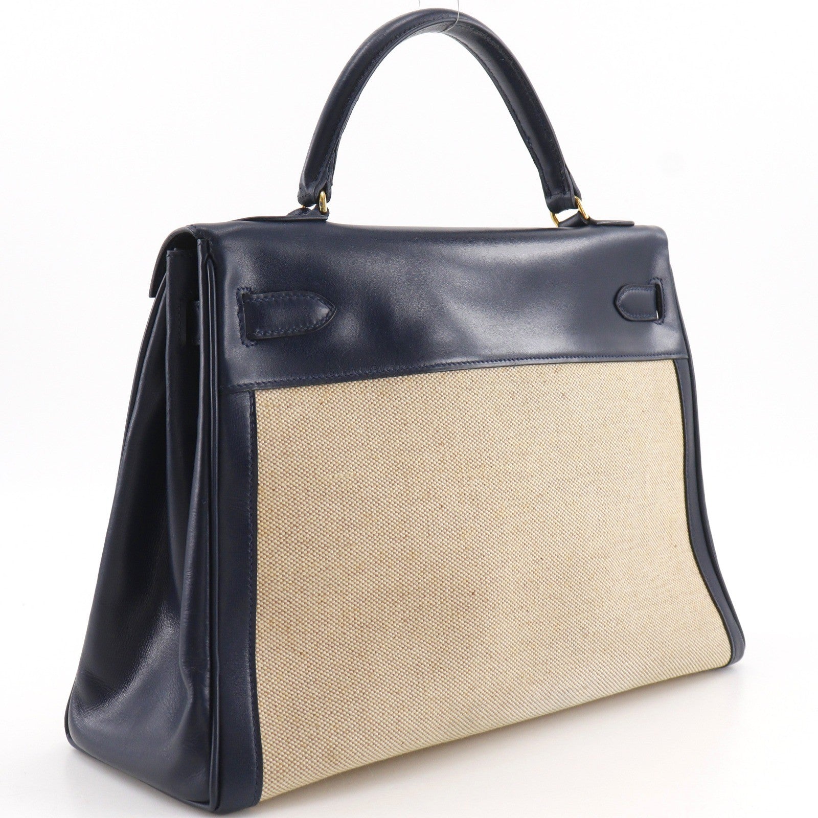 Hermes Kelly Black Box Calf With Gold Hardware Beige Canvas Handbag (Pre-Owned)