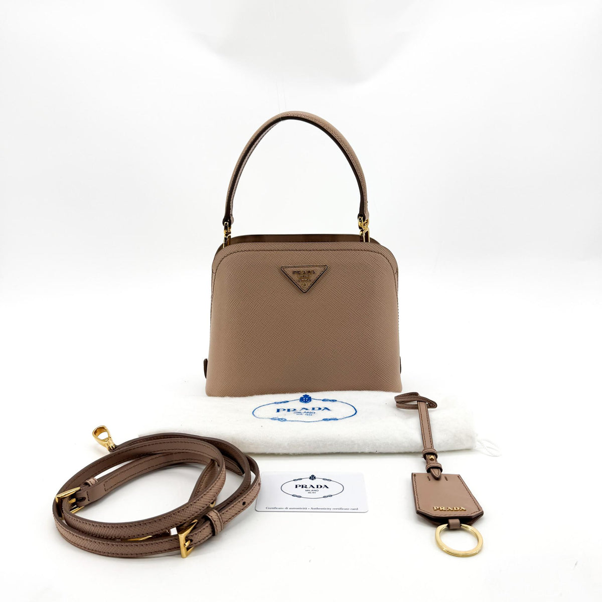Prada Matinee Top Handle Saffiano Leather Beige Leather Handbag (Pre-Owned)