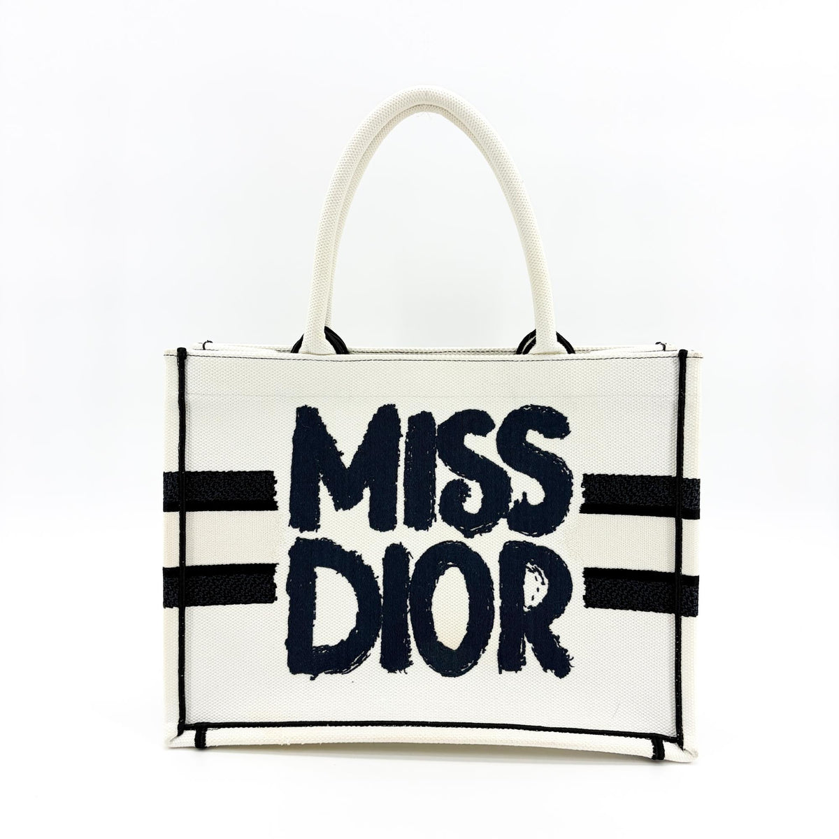 Christian Dior Miss Dior Book Embroidered Canvas White Canvas Tote Bag Bag (Pre-Owned)