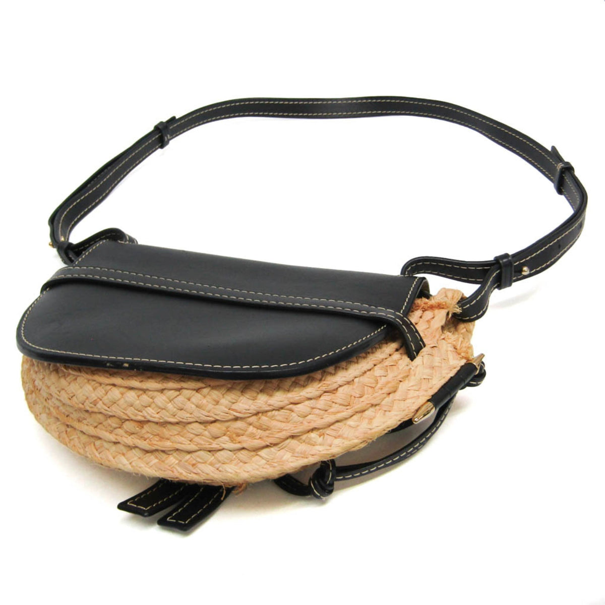 Loewe Gate Leather Leather With Raffia Black Leather Shoulder Bag Bag (Pre-Owned)