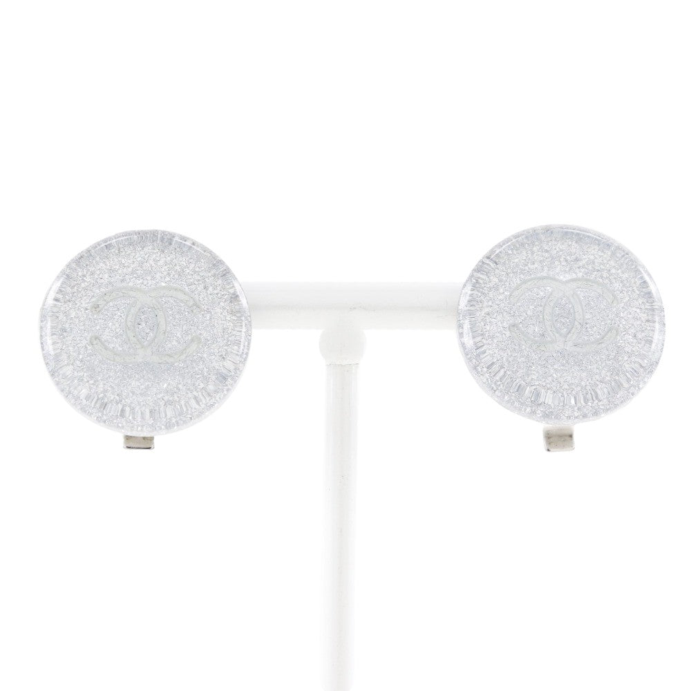 Chanel Cc Round Clip-On Glitter Resin Silver Plastic Earrings Jewelry (Pre-Owned)