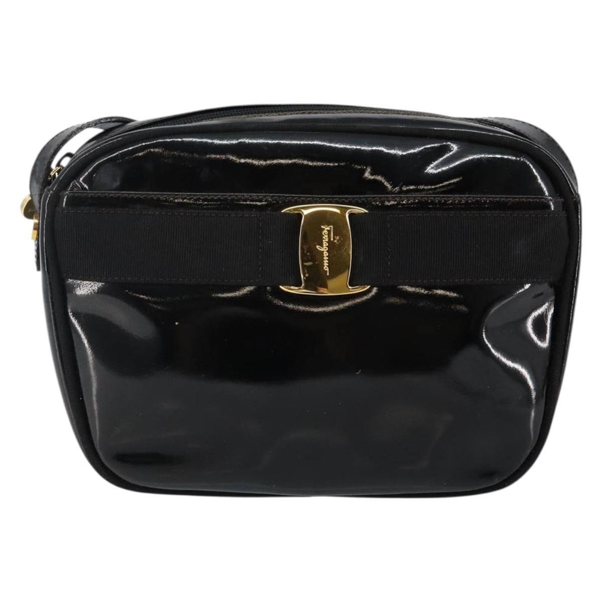 Salvatore Ferragamo Vala Patent Leather Black Patent_Leather Bag (Pre-Owned)