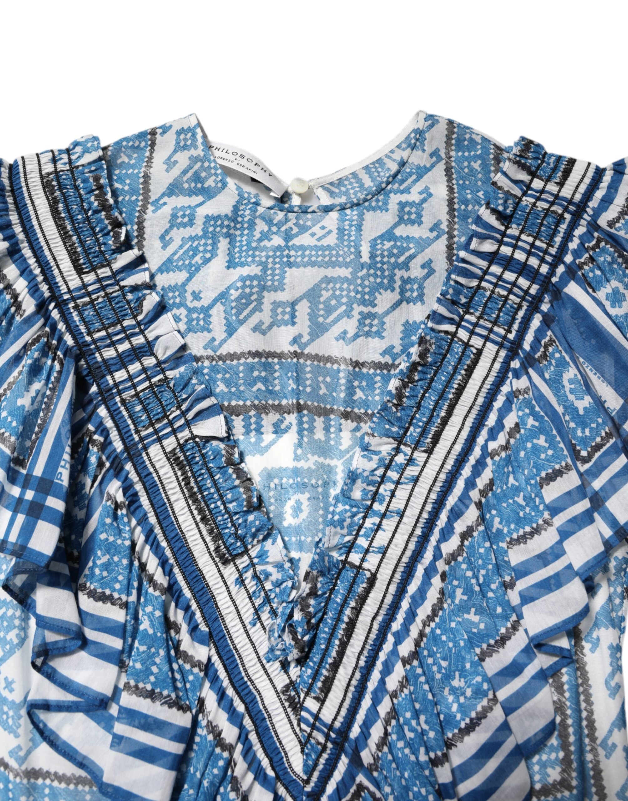 Philosophy di Lorenzo Serafini Blue Patterned Layered Short Sleeves Mini Women's Dress