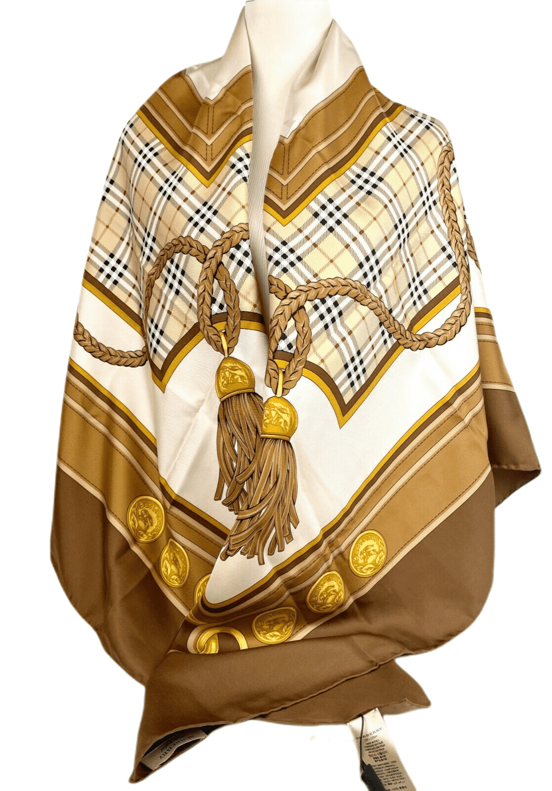 New Burberry Women's Brown Silk Large Scarf Shawl with Horse Tassel Print
