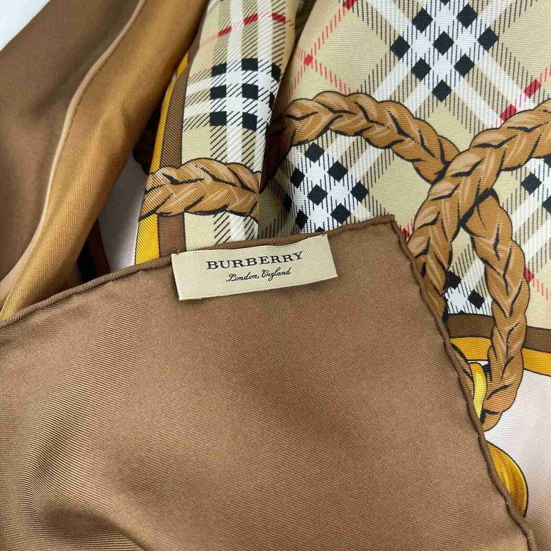 New Burberry Women's Brown Silk Large Scarf Shawl with Horse Tassel Print