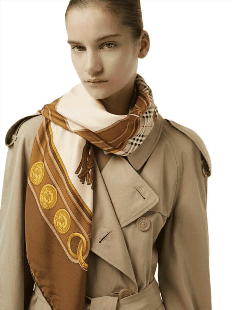 New Burberry Women s Brown Silk Large Scarf Shawl with Horse Tassel Pr