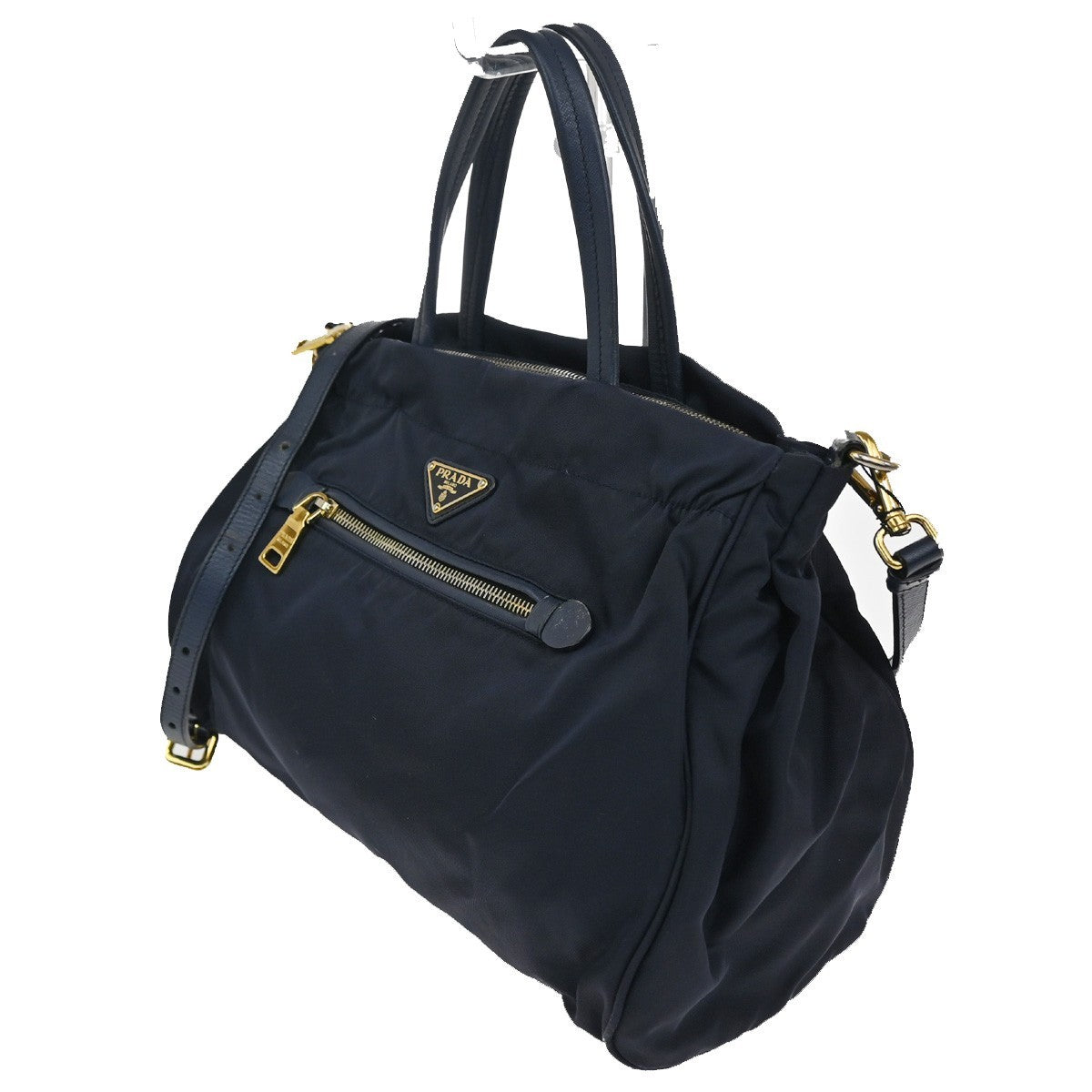 Prada Zip Convertible Shopping Tote Tessuto With Saffiano Leather Navy Nylon Handbag (Pre-Owned)