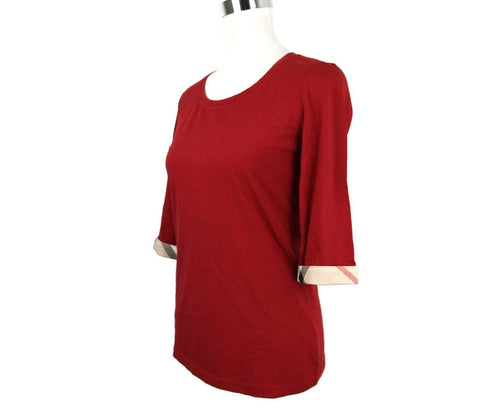 Burberry Women's Deep Red Cotton Half Sleeve Shirt (Small)