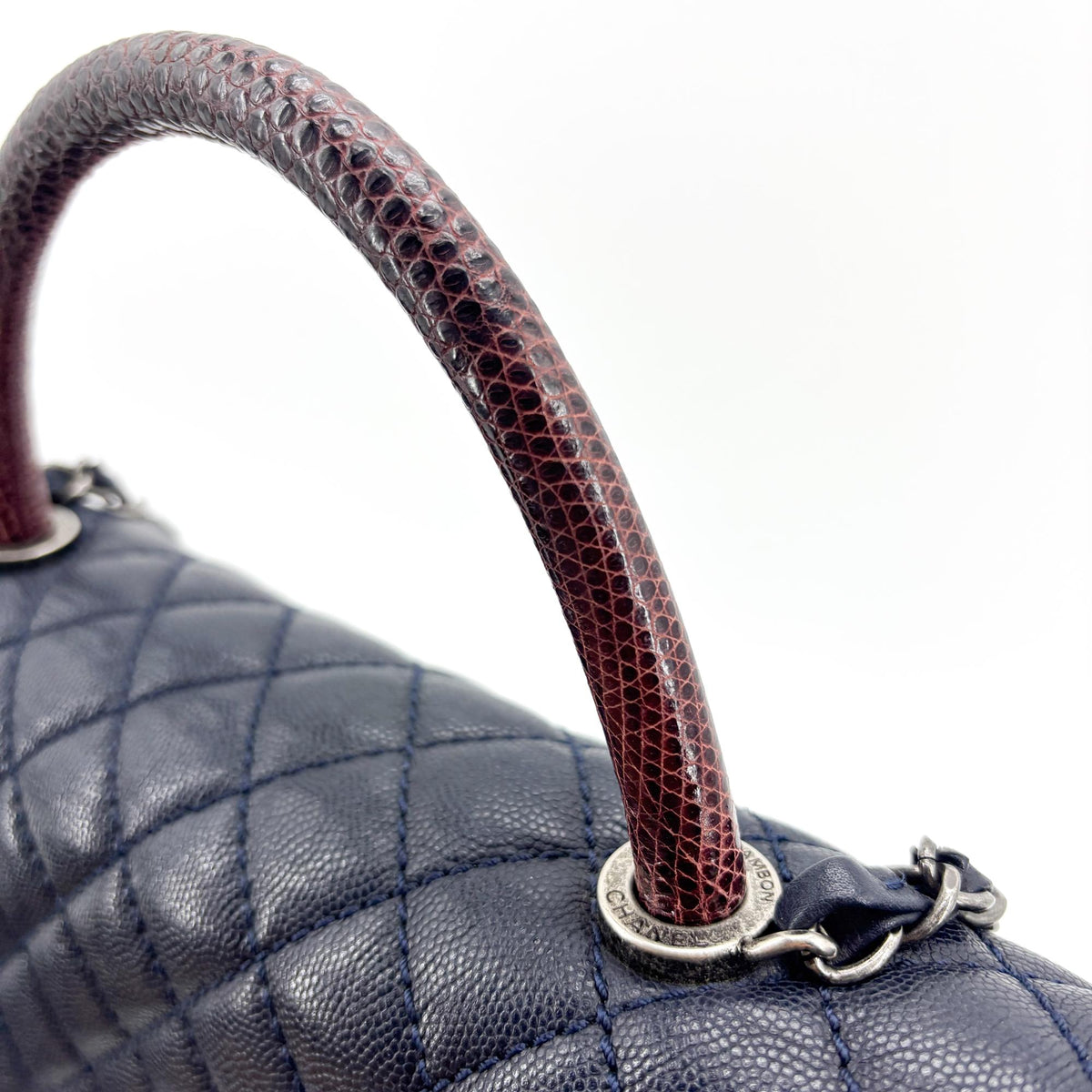 Chanel Coco Top Handle Quilted Caviar With Lizard Navy Leather Handbag (Pre-Owned)