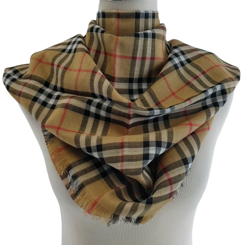 New Burberry Classic Gauze Vintage Brown Checker Wool Silk Scarf