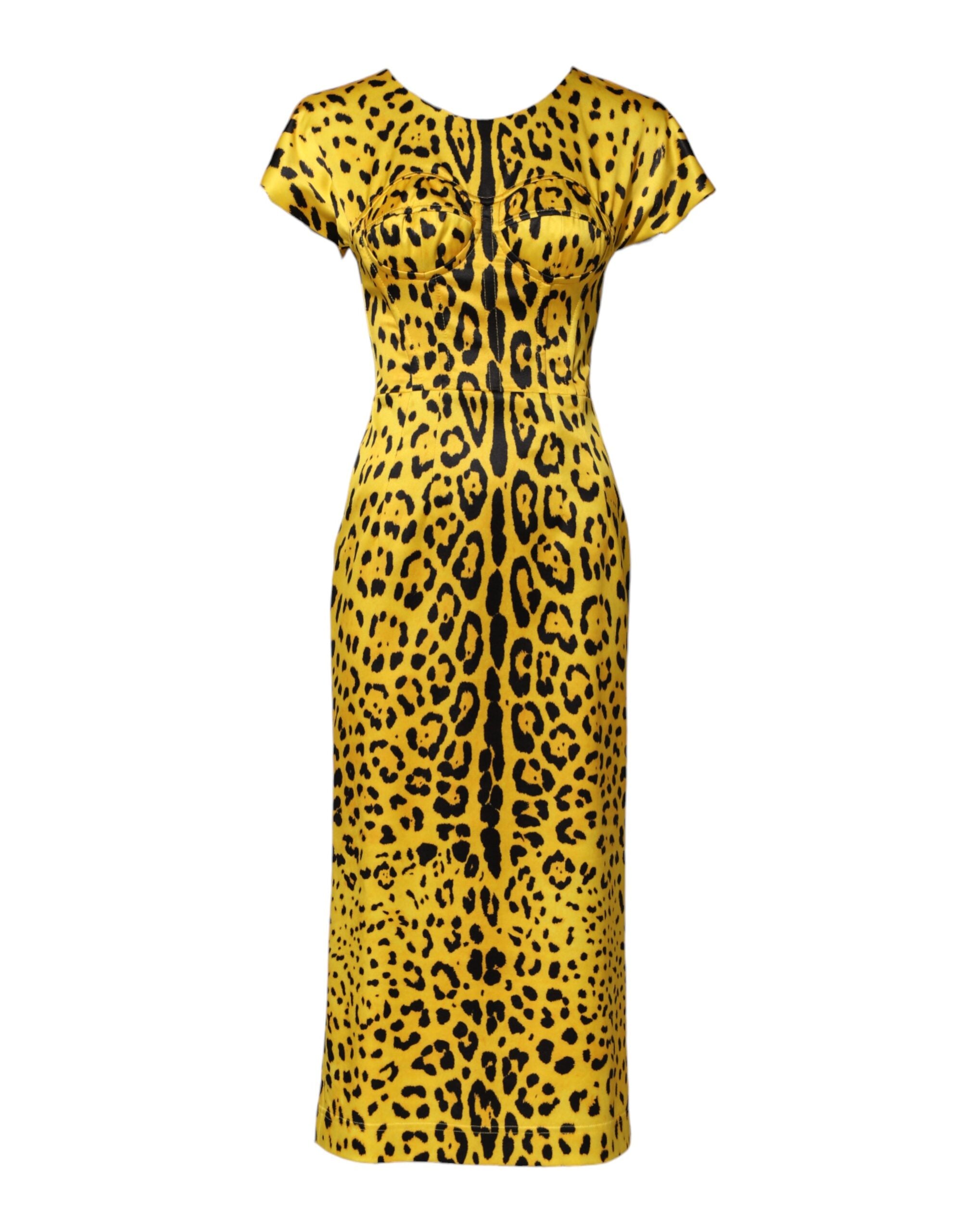 Dolce & Gabbana Yellow Polyester Leopard Midi Sheath Women's Dress