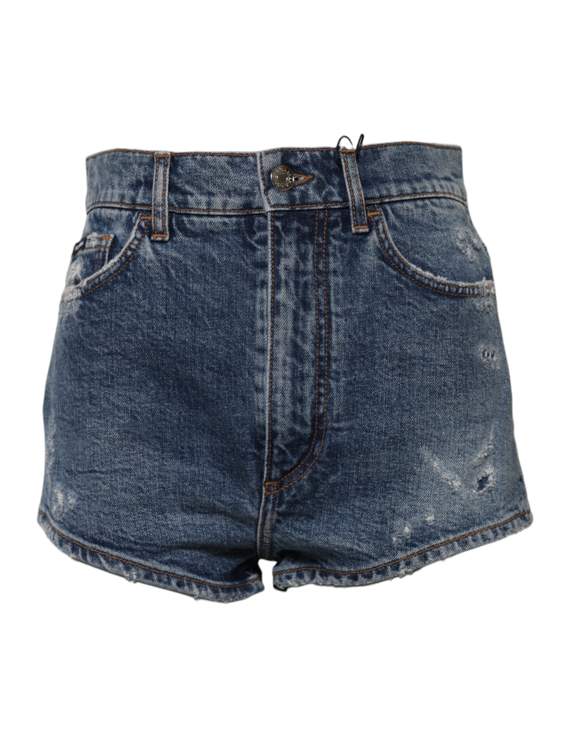 Dolce & Gabbana Blue Tattered Denim Cotton Hot Pants Women's Shorts