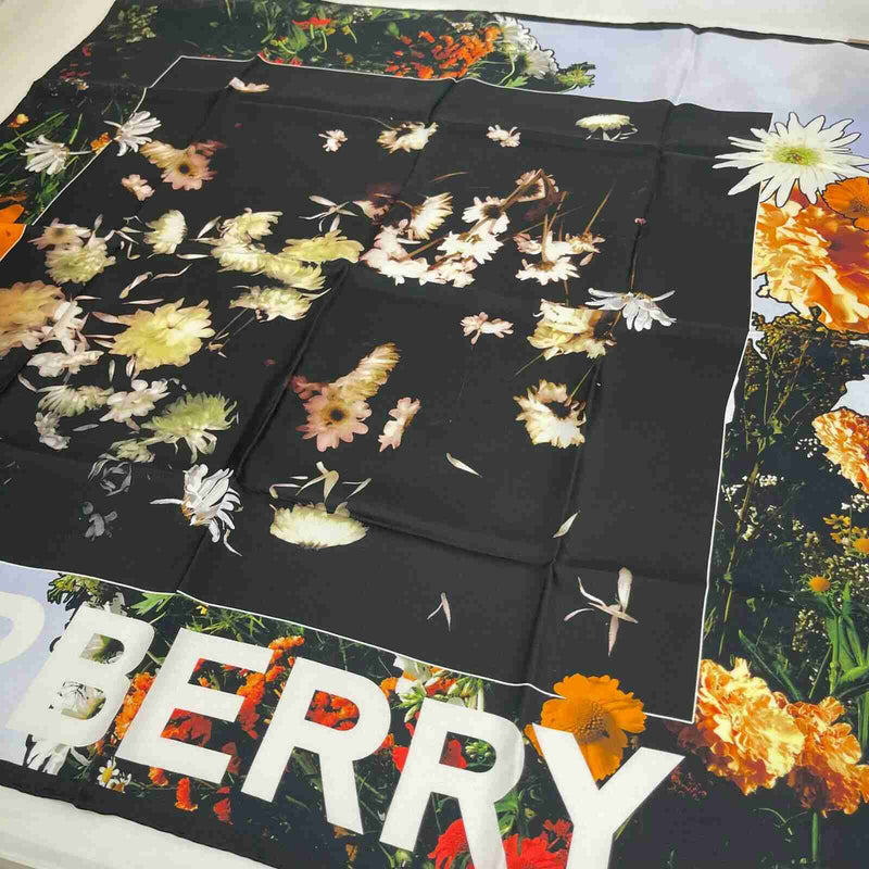 New Burberry Women's Black Silk Square Scarf with Flower Print