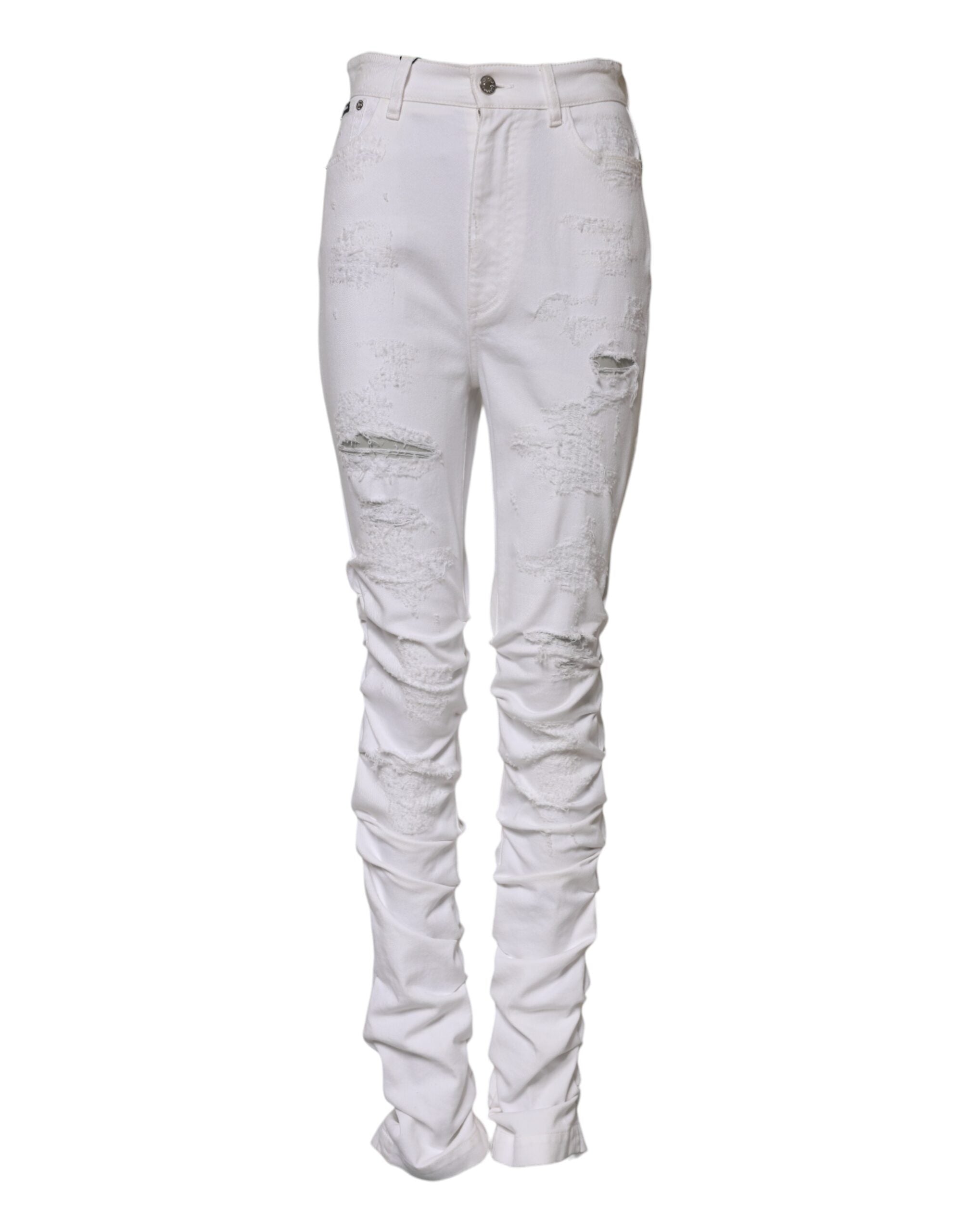 Dolce & Gabbana White Tattered Cotton High Waist Denim Women's Jeans (Pre-Owned)