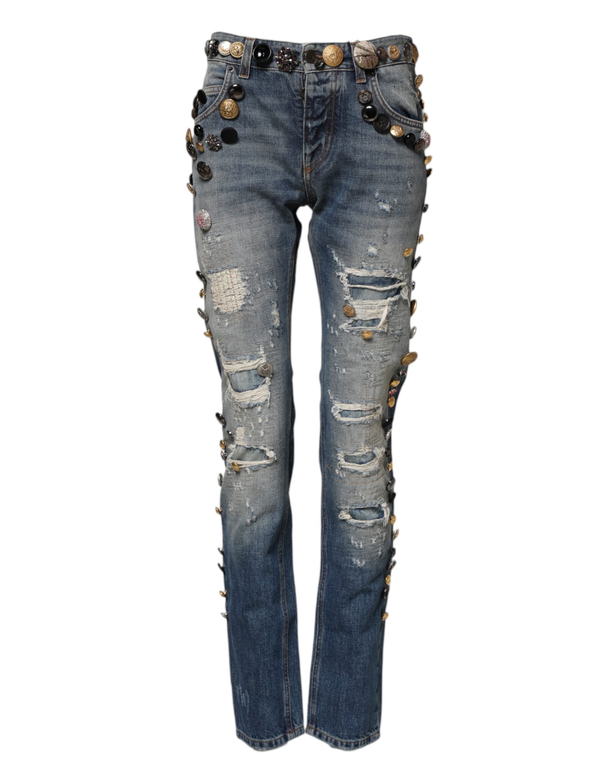 Dolce & Gabbana Blue Embellished Tattered SkinnyDenim Women's Jeans
