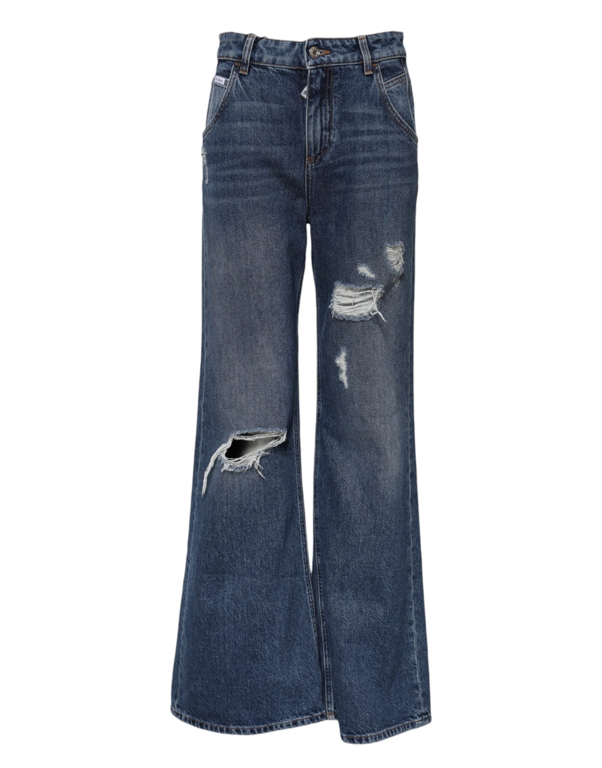 Dolce & Gabbana Blue Cotton Wide Leg Tattered Denim Women's Jeans