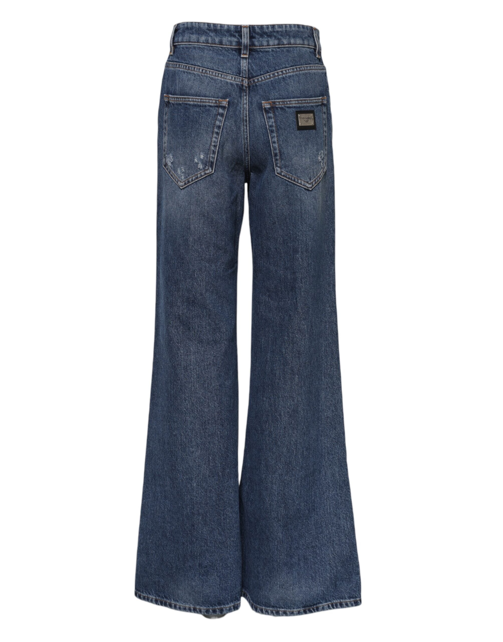 Dolce & Gabbana Blue Cotton Wide Leg Tattered Denim Women's Jeans