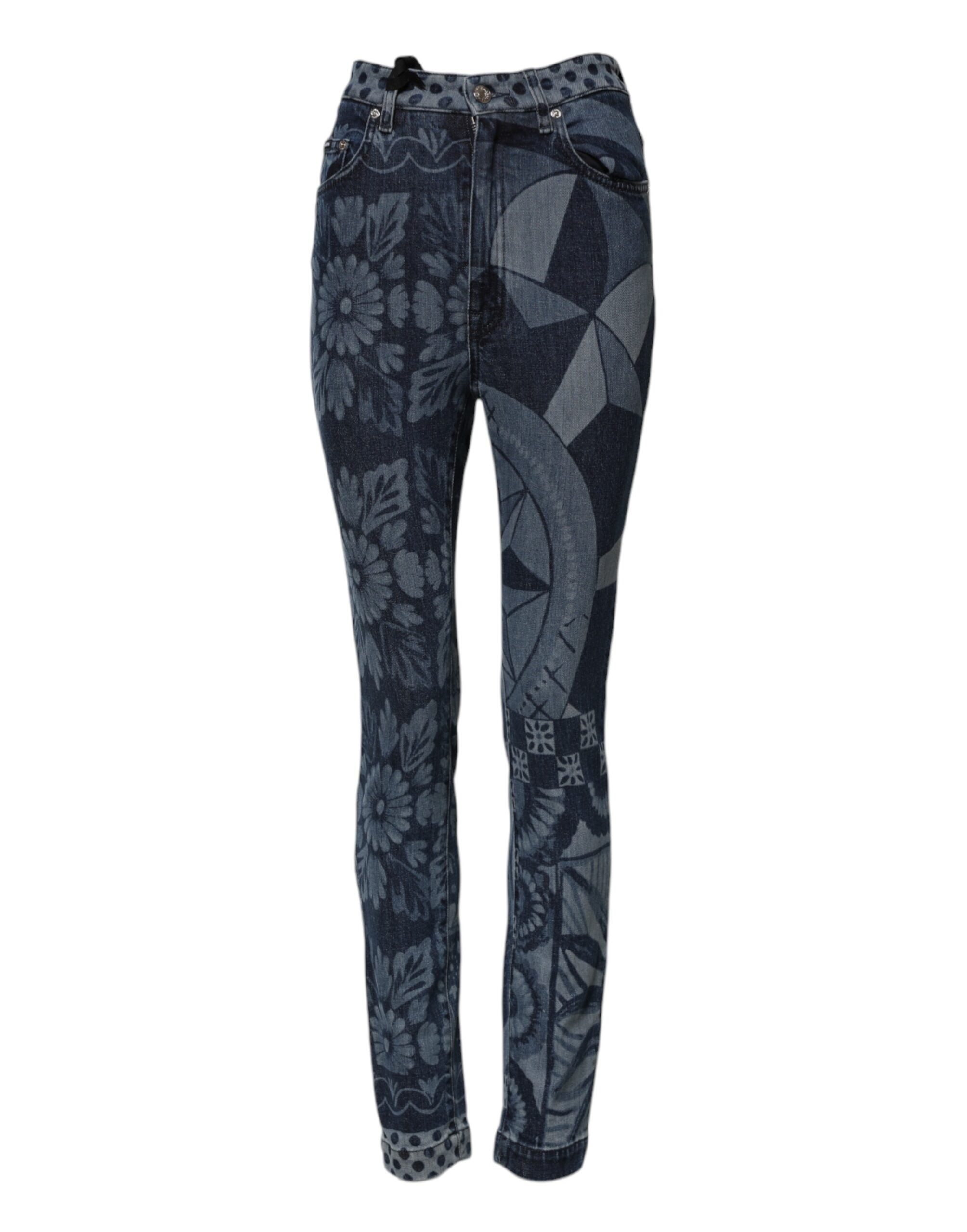 Dolce & Gabbana Blue Graphic Print Cotton Skinny Denim Women's Jeans
