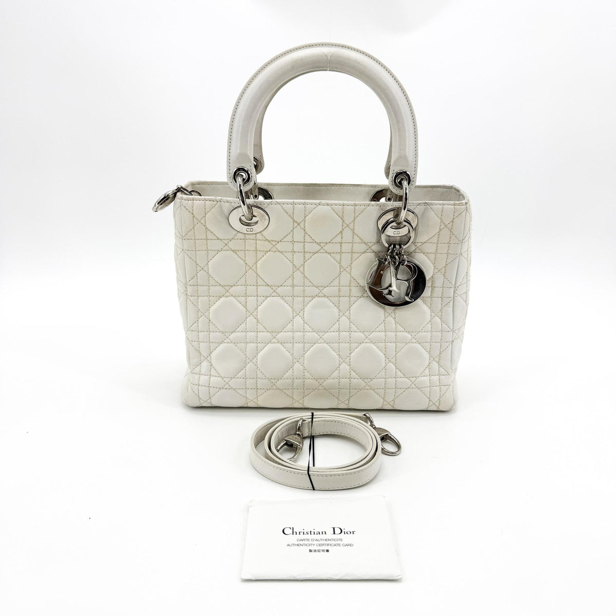 Christian Dior Lady Dior Grained Calfskin White Leather Handbag (Pre-Owned)