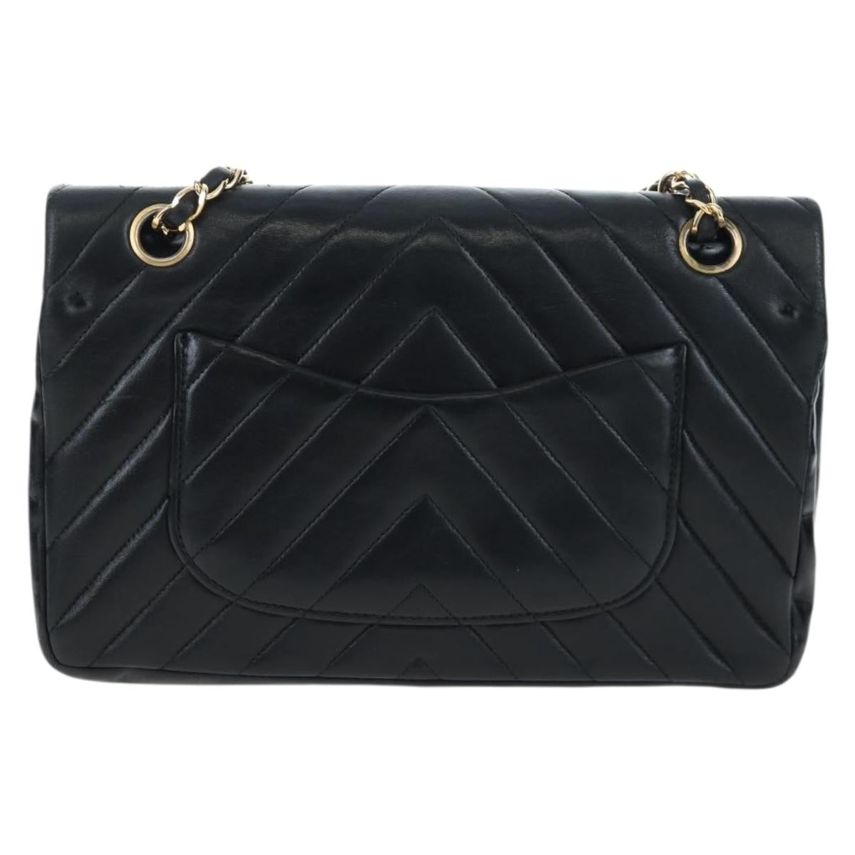 Chanel Double Stitch Full Flap Chevron Lambskin Black Leather Handbag (Pre-Owned)