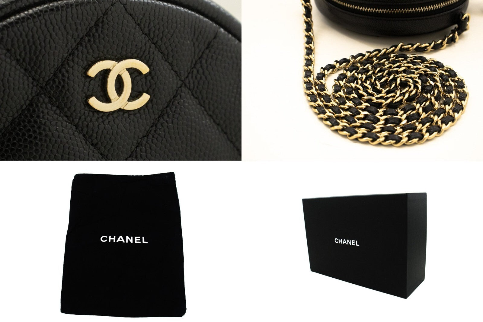 Chanel Round Compartment Clutch With Chain Quilted Caviar Leather Black Calfskin Clutche & Pouche Bag (Pre-Owned)