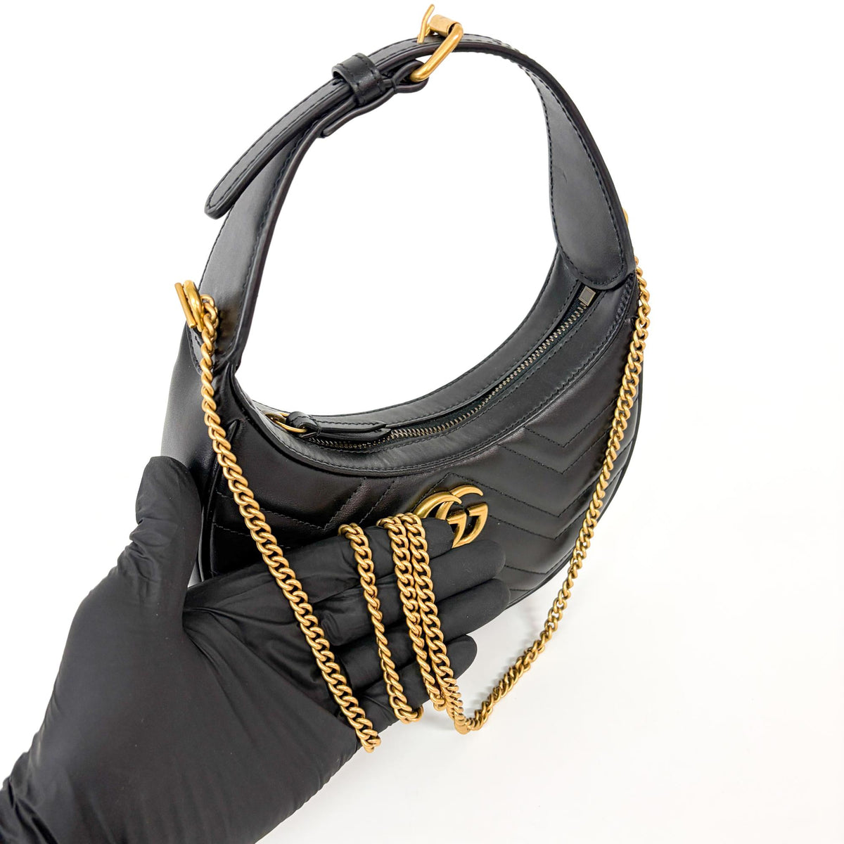 Gucci Gg Marmont Half Moon Hobo Matelasse Leather Black Leather Shoulder Bag Bag (Pre-Owned)