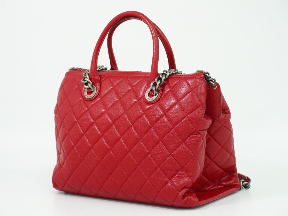 Chanel Boy Chained Quilted Calfskin Red Leather Tote Bag Bag (Pre-Owned)