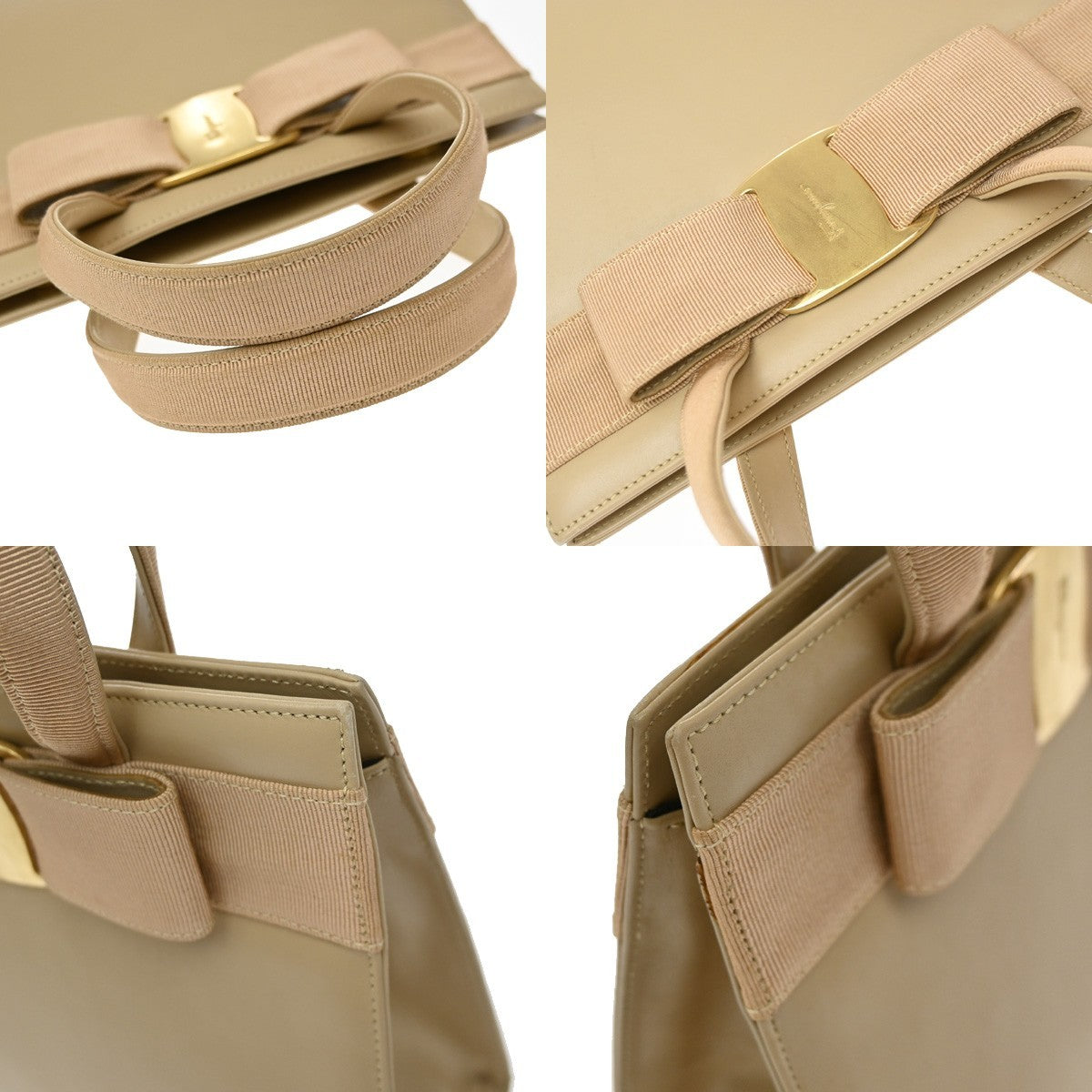 Salvatore Ferragamo Convertible Vara Bow Tote Leather Beige Leather Handbag (Pre-Owned)