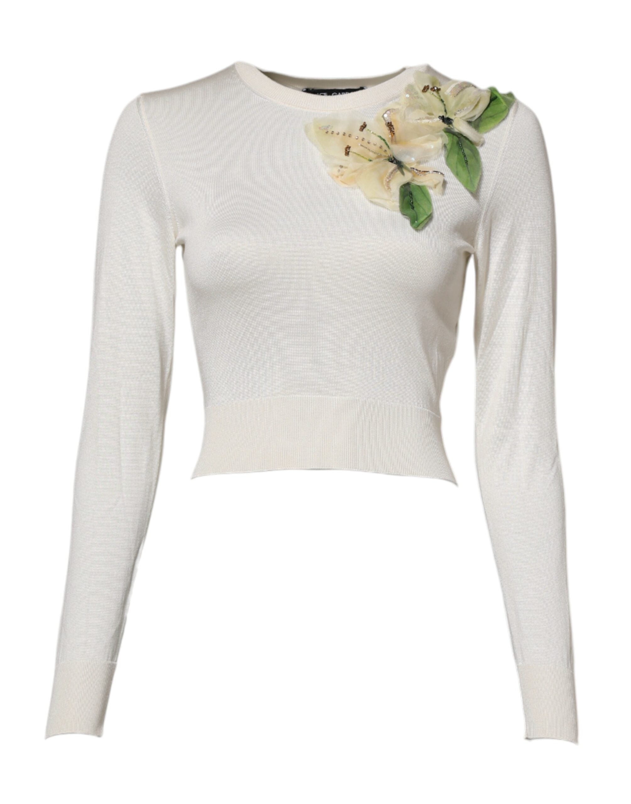Dolce & Gabbana White Silk Lily Embellished Pullover Women's Sweater (Pre-Owned)