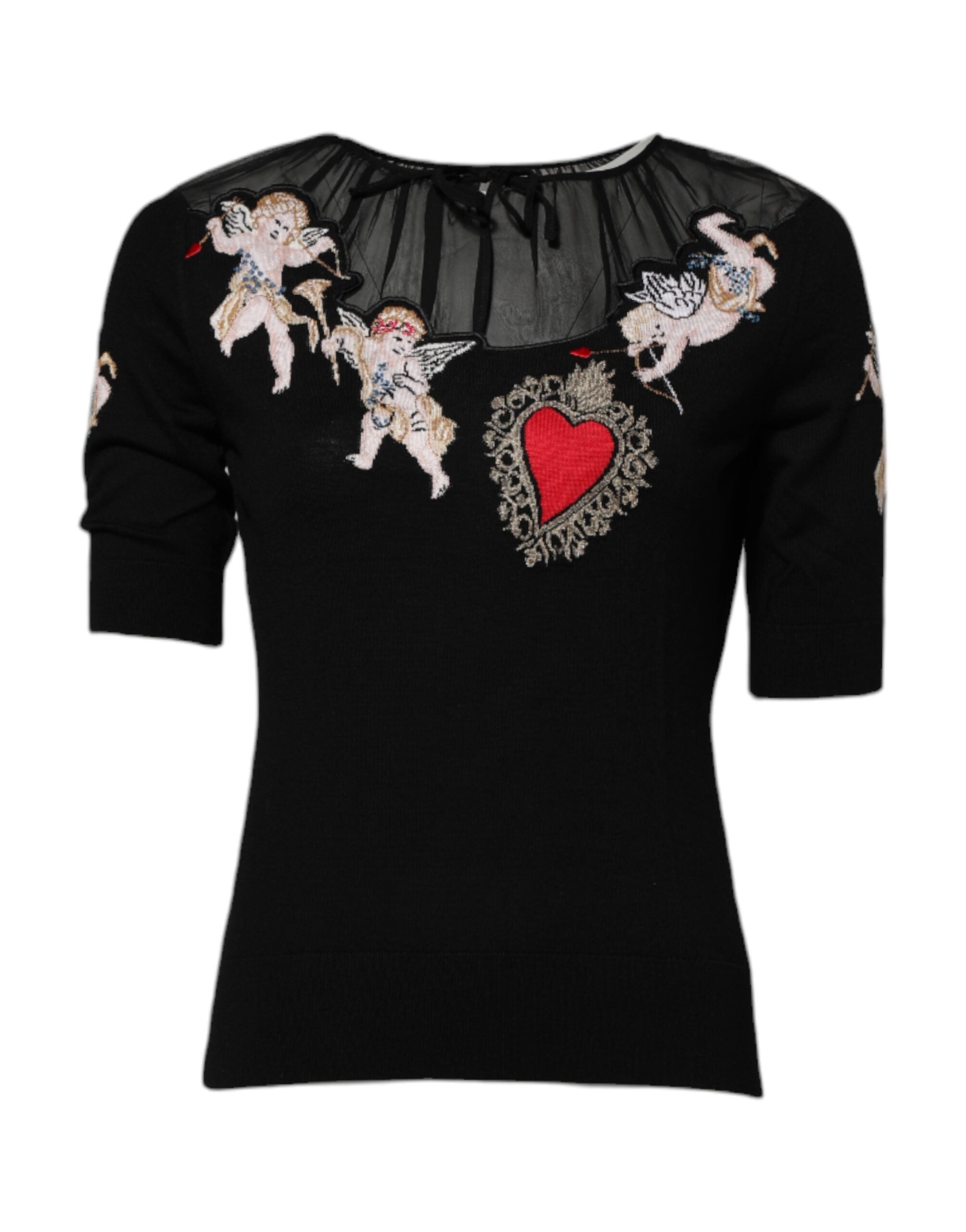 Dolce & Gabbana Black Sacred Heart Embroidered Crewneck Women's Top