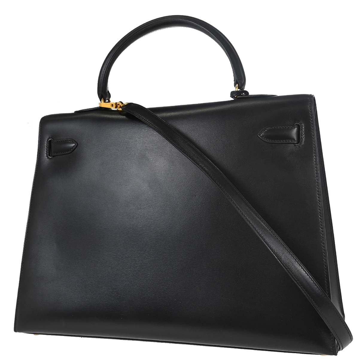 Hermes Kelly Black Box Calf With Gold Hardware Black Leather Handbag (Pre-Owned)
