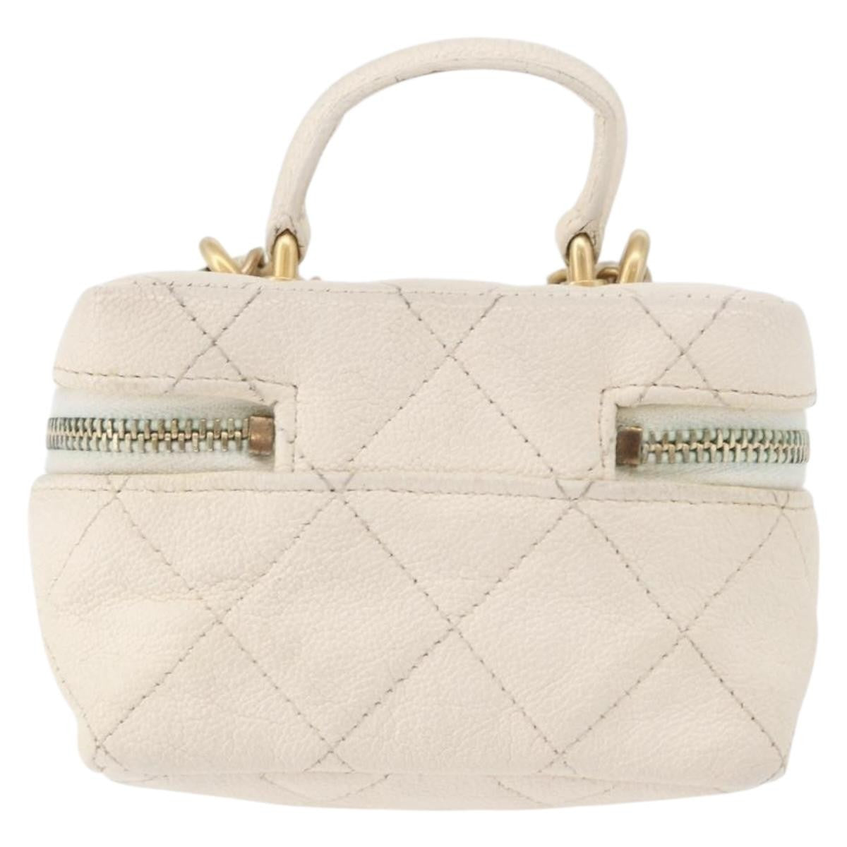Chanel Top Handle Zip Around Vanity Case With Chain Quilted Caviar White Leather Handbag (Pre-Owned)