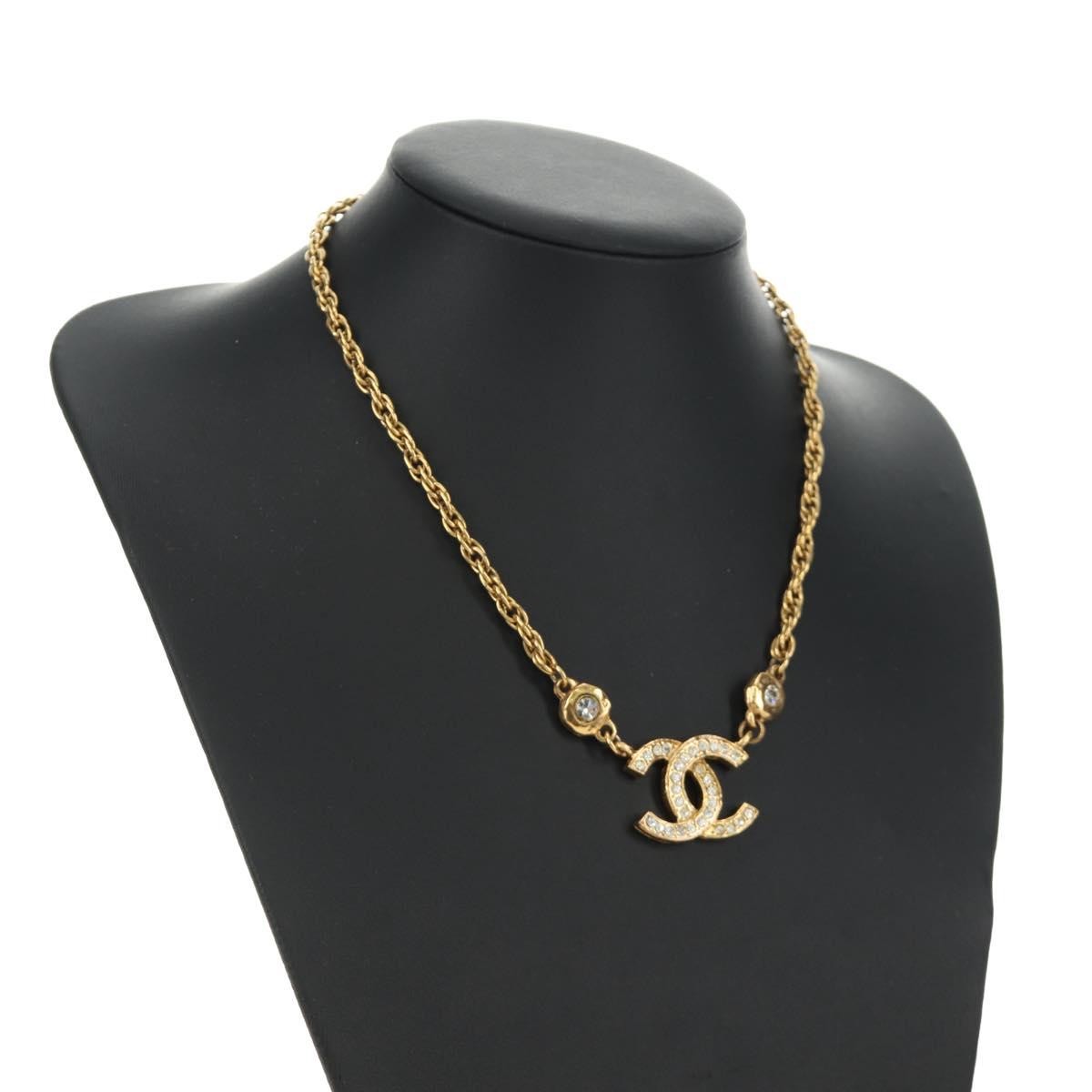 Chanel Cc Pendant Metal With Crystals Gold Metal Necklace Jewelry (Pre-Owned)