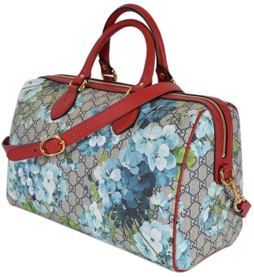 Gucci Boston Small Blooms Top Handle Signature Blue Gg Coated