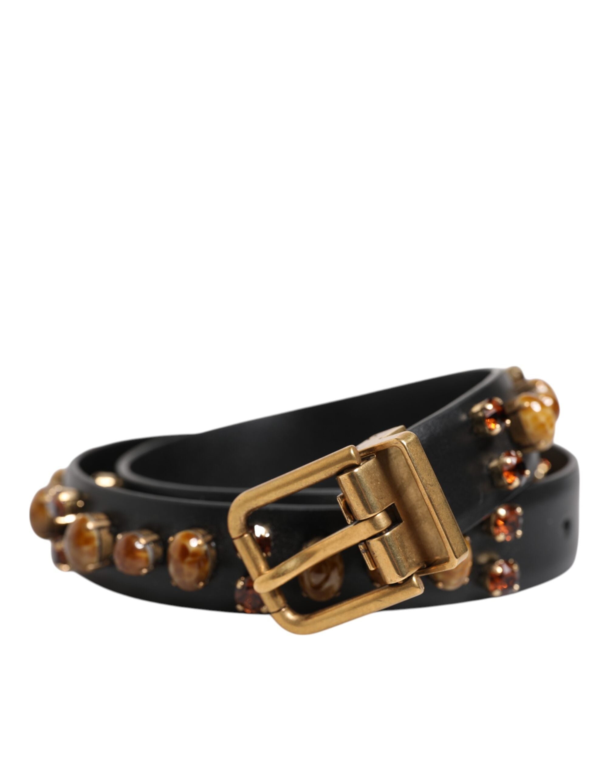Dolce & Gabbana Black Leather Studded Gold Tone Buckle Men's Belt