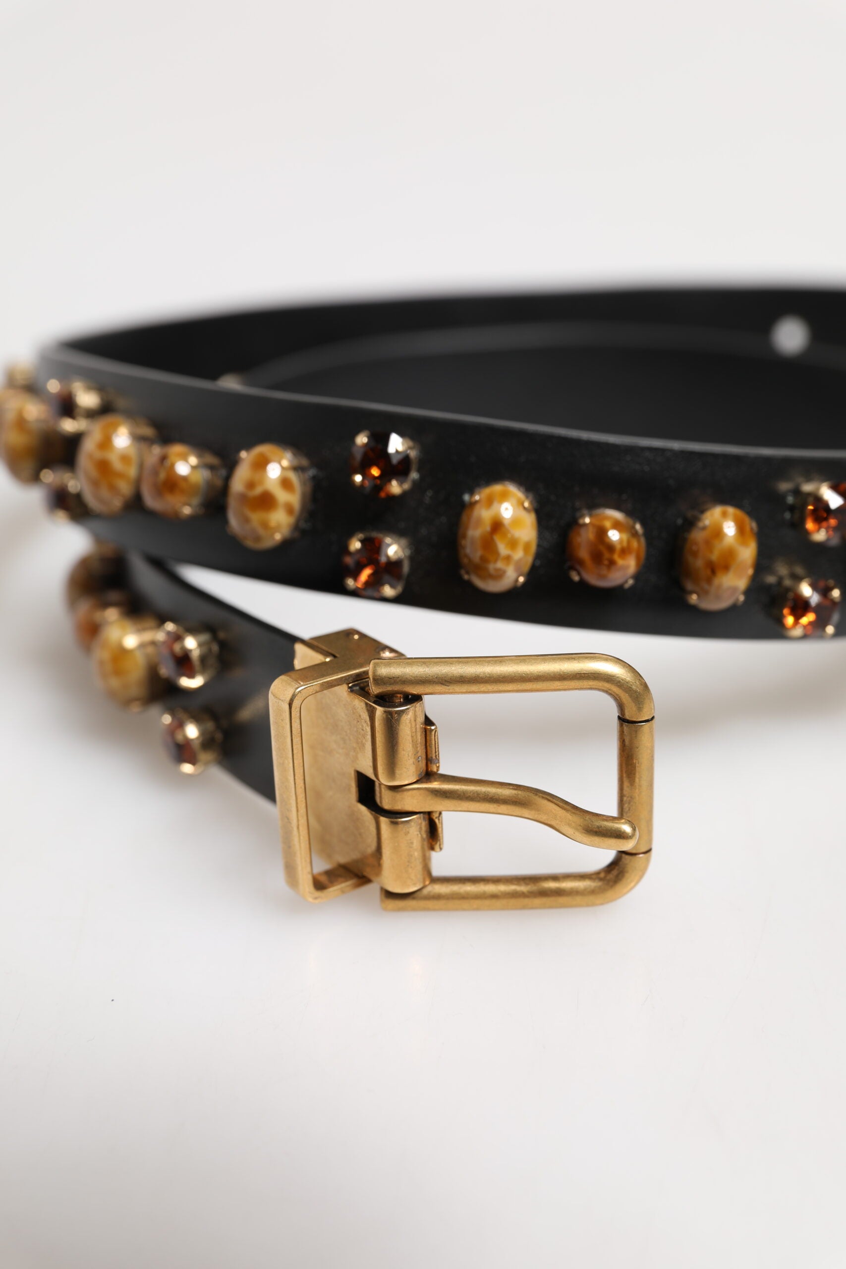 Dolce & Gabbana Black Leather Studded Gold Tone Buckle Men's Belt