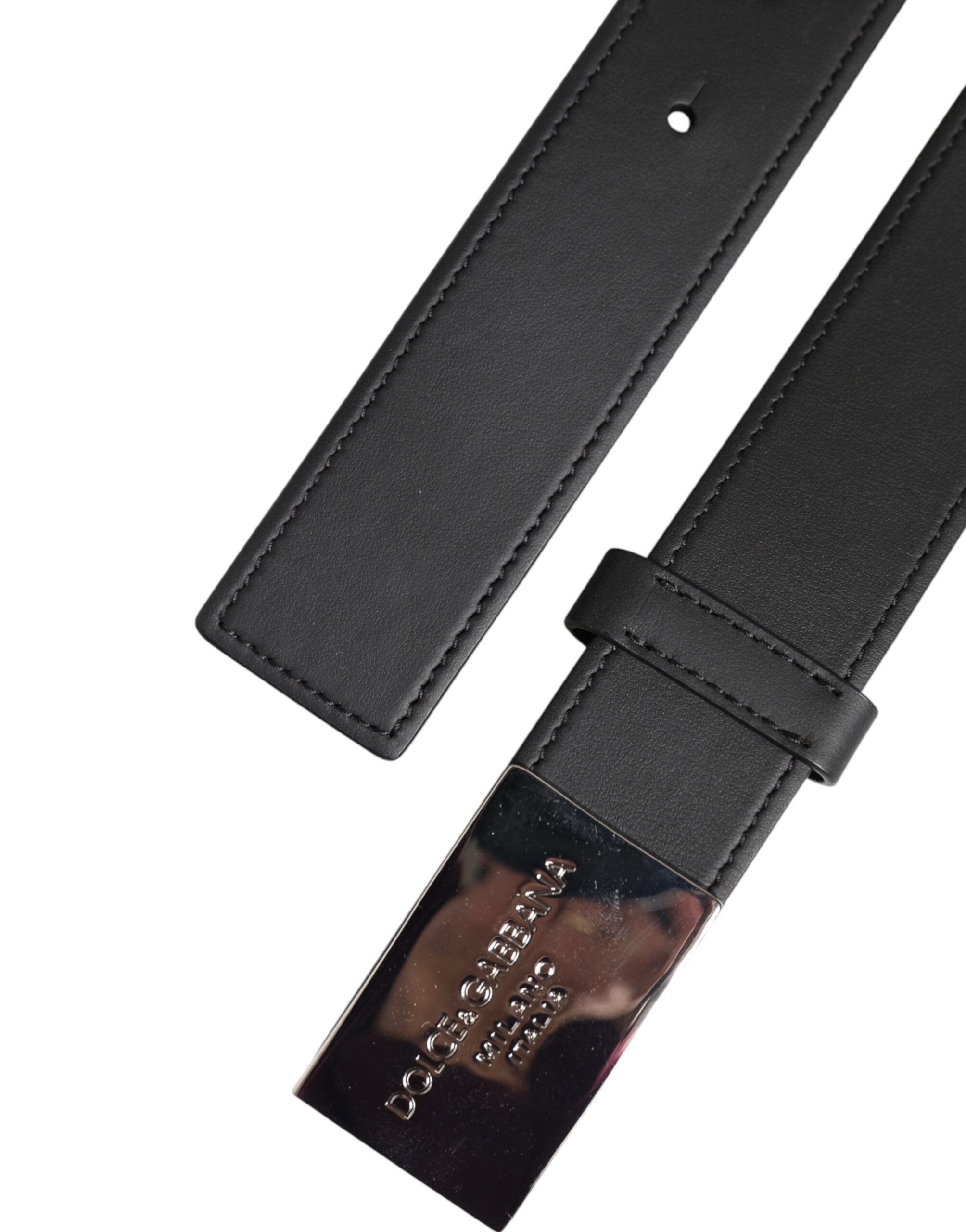 Dolce & Gabbana Black Leather Silver Metal Logo Buckle Men's Belt