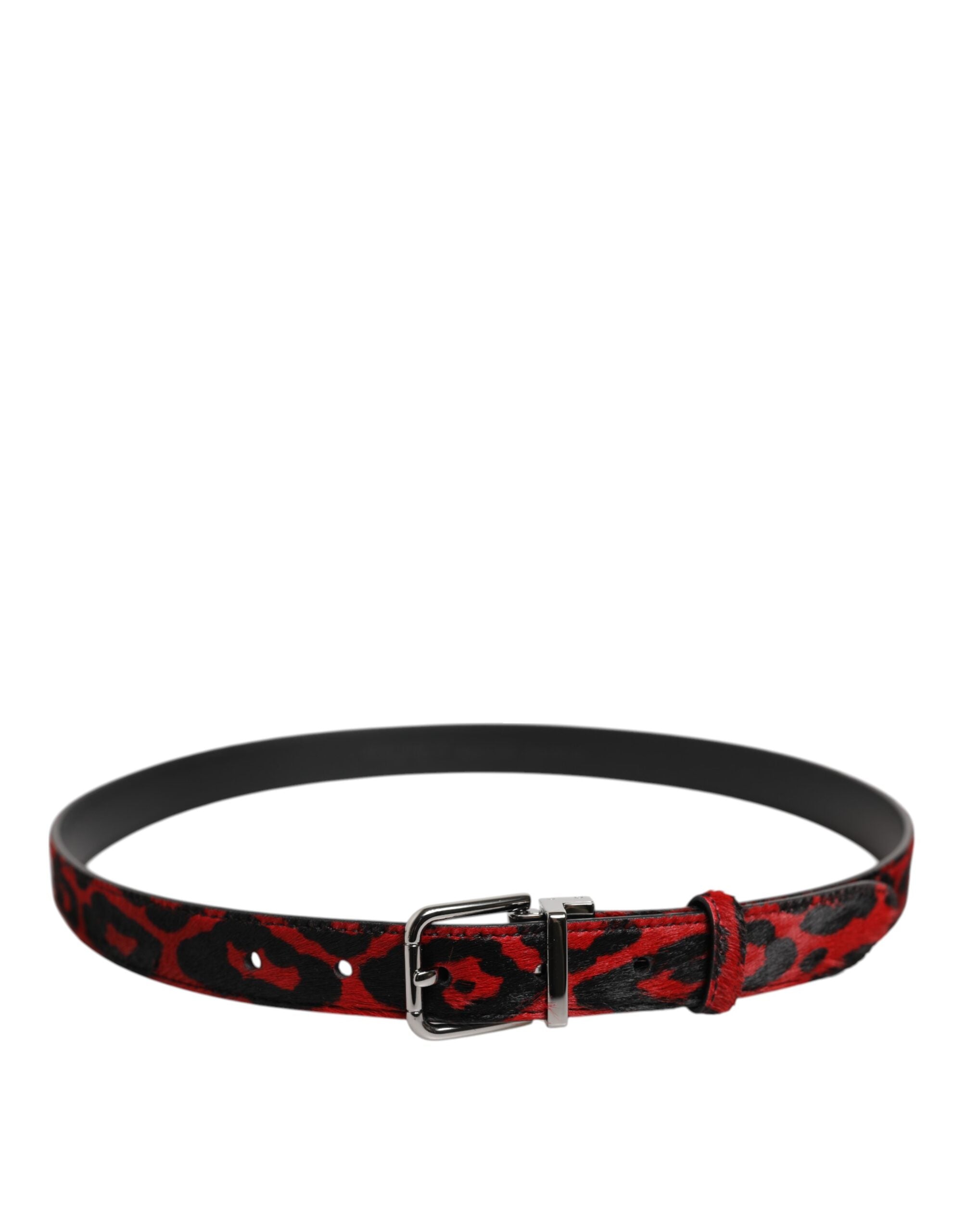 Dolce & Gabbana Black Red Leopard Silver Metal Buckle Men's Belt
