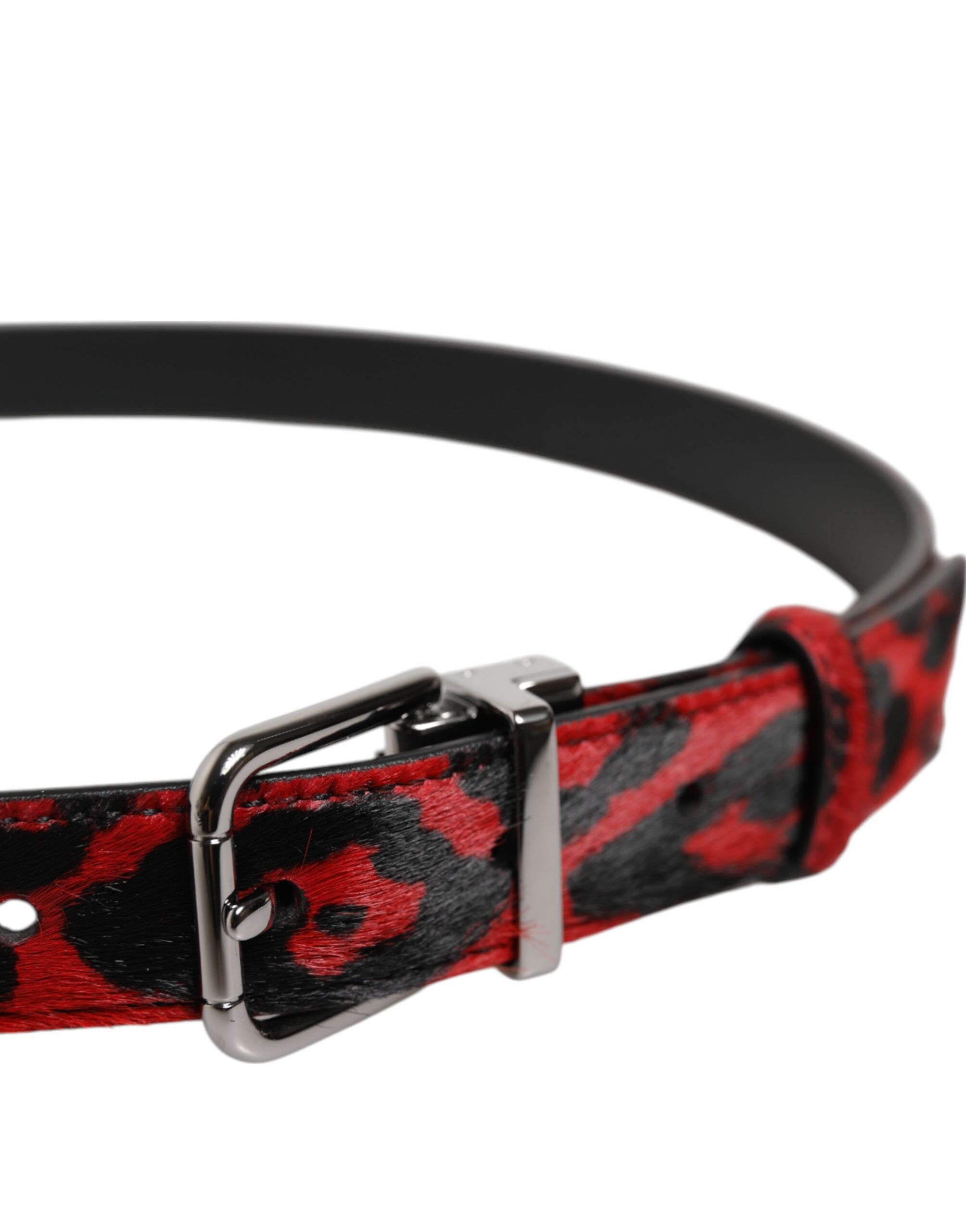 Dolce & Gabbana Black Red Leopard Silver Metal Buckle Men's Belt