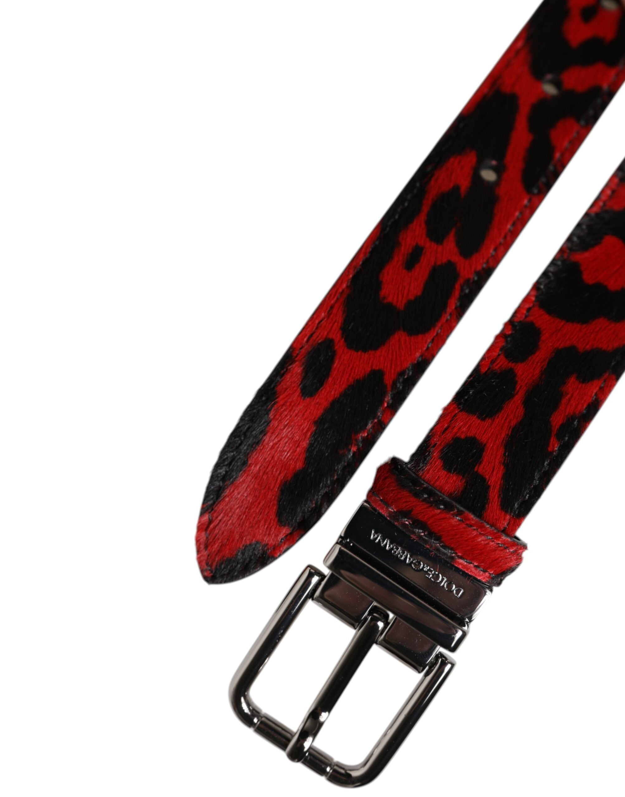 Dolce & Gabbana Black Red Leopard Silver Metal Buckle Men's Belt