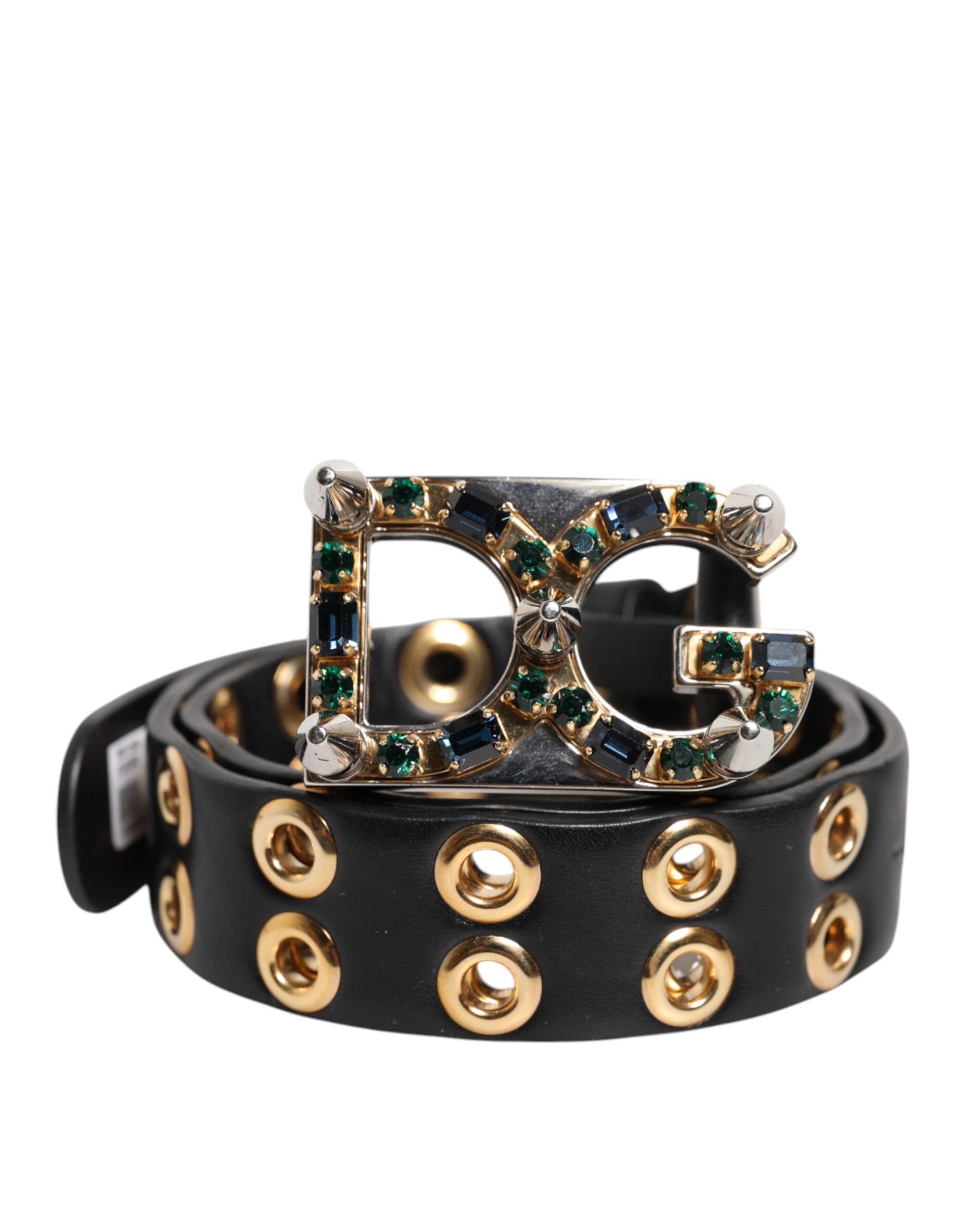 Dolce & Gabbana Black Leather Eyelet Crystal DG Buckle Women's Belt (Pre-Owned)