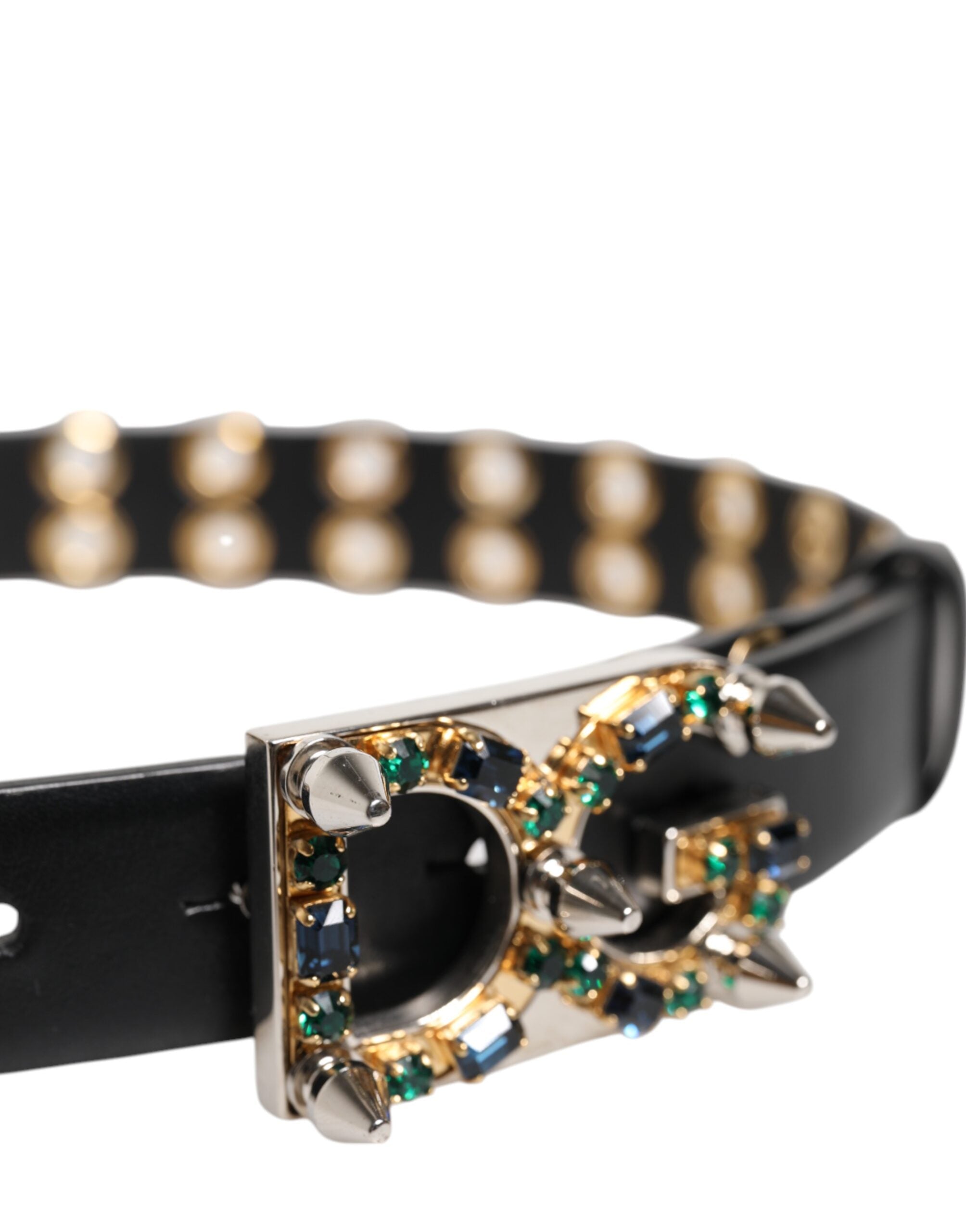 Dolce & Gabbana Black Leather Eyelet Crystal DG Buckle Women's Belt (Pre-Owned)